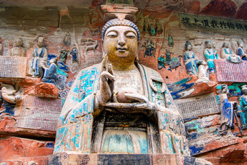 Buddha statue portrait in Dazu rock carving, Chongqing, China - obrazy, fototapety, plakaty