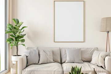 Scandinavian style living room with poster mockup created with generative ai