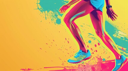 A runner with muscle cramps, against a plain pastel background, depicted in vibrant Pop Art colors.