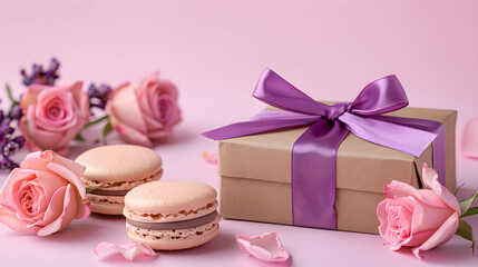 Pink roses, macarons, and a gift box with a purple ribbon on a pink background, perfect for Mother's Day celebration.