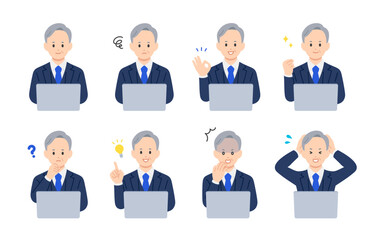 パソコンを見ながらいろいろな表情･ポーズをする経営者･社長のセット【人物ベクターイラスト素材】