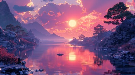 sunrise over the lake Landscapes and Creatures in Parallel Dimension widescreen wallpaper