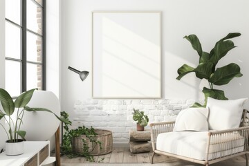 Fototapeta premium Scandinavian style living room with poster mockup created with generative ai