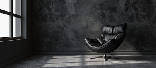 Fashionable chair in black set against a backdrop of dark gray wall, with space for text, creating a stylish interior ambiance.