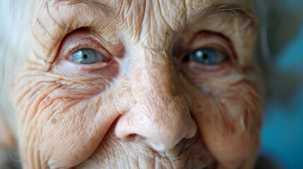 A closeup of an elderly womans face with a serene expression and soft laugh lines exuding a sense of peace and contentment. .