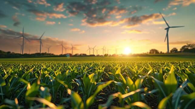 Cornfield & Wind Turbines at Dusk