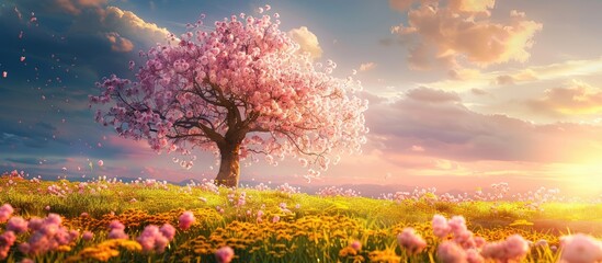 Blossoming tree amidst natural setting with spring flowers. - obrazy, fototapety, plakaty