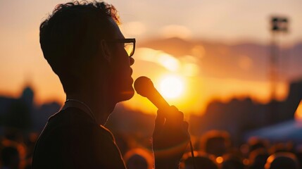 As the sun sets on the city skyline a dynamic public speaker takes the stage at a popular outdoor event. Their microphone in hand they deliver a charismatic speech to a diverse crowd . - obrazy, fototapety, plakaty