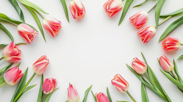 Top view of beautiful tulip flowers arranged on a white background This lovely image could make the perfect greeting card for Mother s Day weddings or any joyful occasion