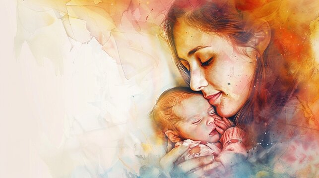 Mother hold baby in watercolor style