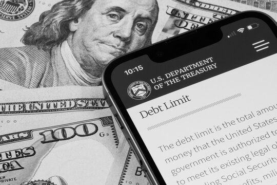 Portland, OR, USA - Jan 25, 2024: Webpage of Debt Limit is seen on the U.S. Department of the Treasury website on a smartphone. Black and white image.