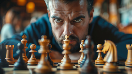 business man in suit pushing chess pieces. man playing chess, thinking, game, mental battle,...