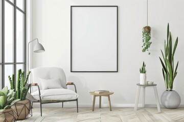 Scandinavian style living room with poster mockup created with generative ai