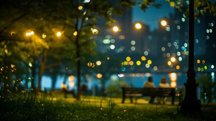 A blurred landscape of ling city lights in the backdrop of a dimly lit park where a group of individuals gather for a secret meeting under the romantic light of the full moon. . - obrazy, fototapety, plakaty