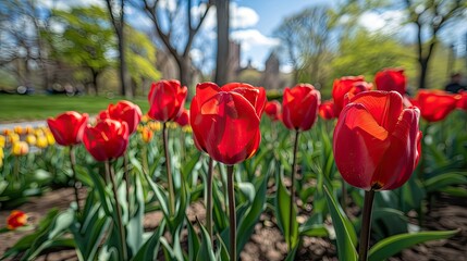 Fototapeta premium During the blossoming of springtime a vibrant cluster of red tulips adorns the park