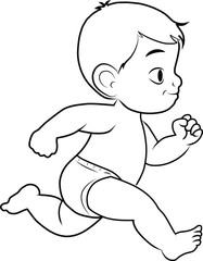 Baby boy running in black ink drawing vector