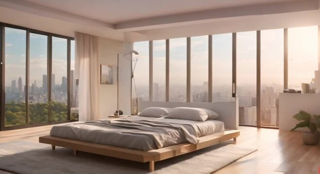 3d view of large bedroom with large windows with light wooden floor