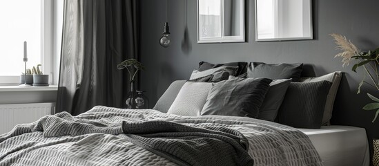Black and grey wicker accessories in a contemporary bedroom.
