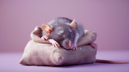 Weary Rat Enjoys a Cozy Nap on Flour Sack in Serene Bakery Setting