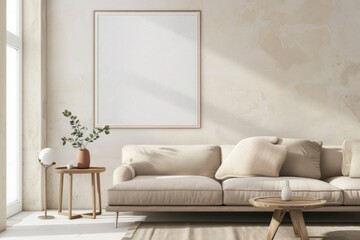 Scandinavian style living room with poster mockup created with generative ai