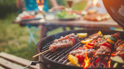 Barbecues sizzling with delicious food, as families and friends gather for festive summer feasts. - obrazy, fototapety, plakaty