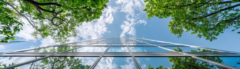 Modern Eco-Friendly Glass Office Building with Green Trees and Blue Sky Reflection