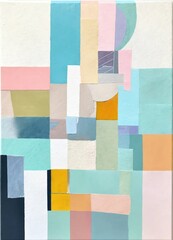 Fototapeta premium Geometric shapes, pastel tones, painting with collage on canvas. Contemporary painting. Modern poster for wall decoration