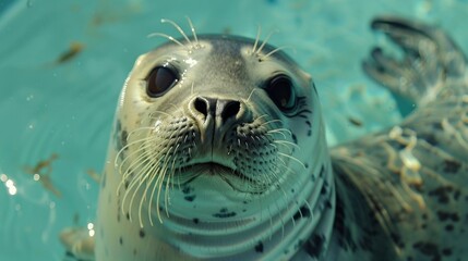 Fototapeta premium Closeup of a distressed seals face captured in a small tank and constantly subjected to loud music and flashing lights in a marine park. .
