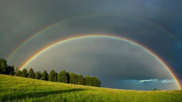 A majestic rainbow arching over a picturesque meadow after a rainstorm.