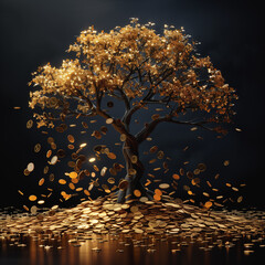 Golden Coin Tree with Falling Leaves