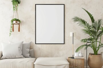 Fototapeta premium Scandinavian style living room with poster mockup created with generative ai