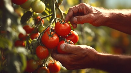 Farmer hand pick red tomatoes in the garden in the morning with soft sun light. - obrazy, fototapety, plakaty