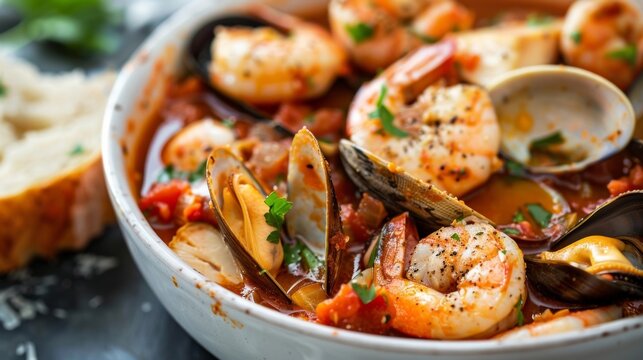 Closeup of a hearty bowl of cioppino a traditional Italian seafood stew b with fresh clams mussels shrimp and flaky white fish in a flavorful tomato broth. .