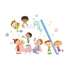 大きな歯を子供達で磨くイメージのイラスト
