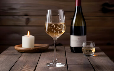 Glass of wine bubbles with wooden table and candle with wine bottle in background, Glass and bottle with delicious wine on table against wooden background. wine, glass, bottle, alcohol, drink