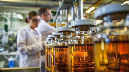 A group of scientists in a laboratory working together to develop new sustainable ods for producing and refining biofuels. . - obrazy, fototapety, plakaty