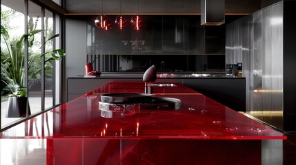 A sleek ruby countertop adorned with culinary masterpieces.