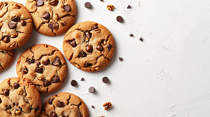 Scattered chocolate chip cookies on a white background, perfect for dessert or a sweet snack.

