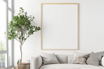 Scandinavian style living room with poster mockup created with generative ai