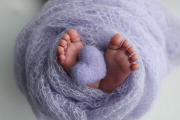 The tiny foot of a newborn baby. Soft feet of a new born in a lilac, purple wool blanket. Close up...