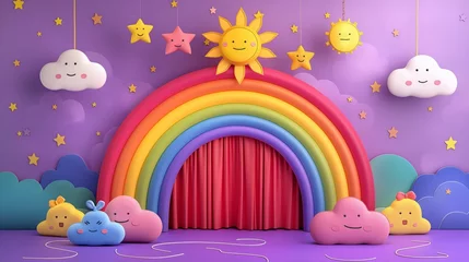 Fotobehang Regenboog 3D illustration of cute cartoon rainbow arch with a stage curtain and sun above, surrounded by clouds and stars background.  © Pro Hi-Res