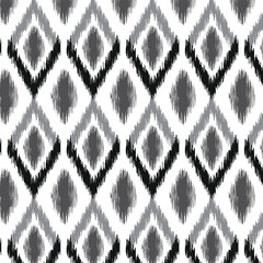 Black and white ikat tribal textile modern pattern. Seamless background. Graphic design for cover, rug, carpet, wallpaper, clothing, wrapping, fabric. Vector illustration.