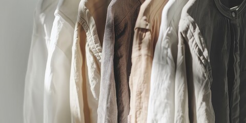Woman's linen and cotton wardrobe in shades of beige on white. Rack with spring summer female clothes on hangers next to wall. Clothing retails concept. Advertise, sale, fashion. Simplicity concept.