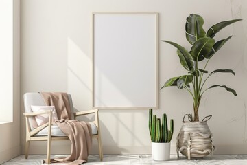 Scandinavian style living room with poster mockup created with generative ai