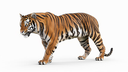 Tiger in motion walking isolated on white, dynamic stance, concept: wildlife in action.
