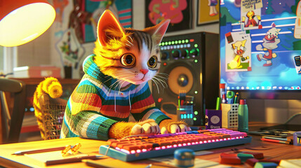 Colorful kitten at a vibrant gaming station, fascinated by technology in a playful and imaginative digital environment.
