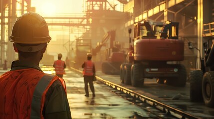 Workers in hard hats and vests operate heavy equipment, ensuring the smooth operation of the factory.