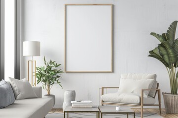 Scandinavian style living room with poster mockup created with generative ai