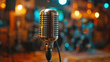 A close-up photo of a retro microphone at a concert. Aesthetic attractive background. Generative AI