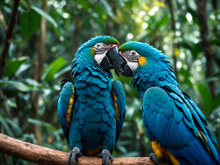 Obraz premium Cenas de Afeto: Araras Azuis Trocam Beijos em Dia Romântico